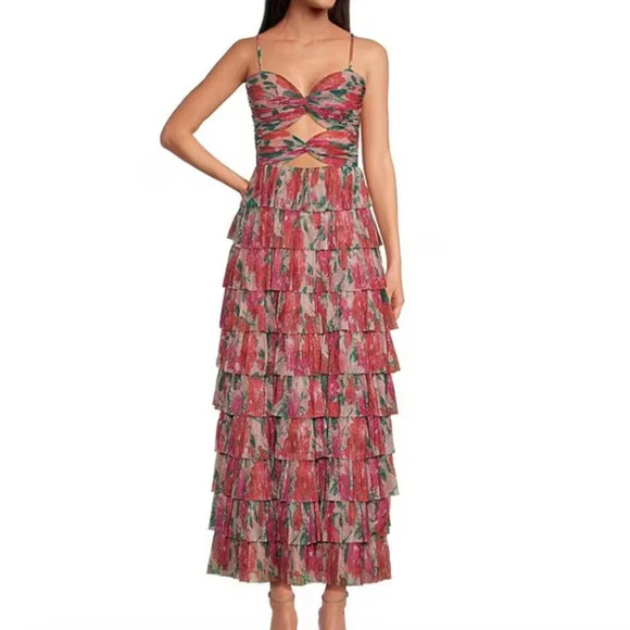 NWT Gianni Bini Metallic Plisse Sweetheart Neck Cut-Out Tiered Dress, floral, 8